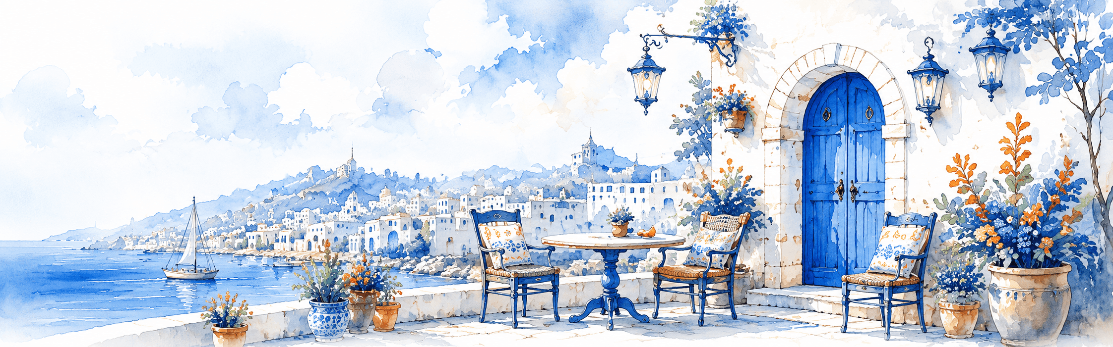 Watercolour Mediterranean terrace